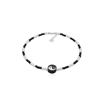 Fußkette ELLI "Fußschmuck Yin Yang Glasperlen synth. Perlen 925 Silber" Gr. 22, bunt (zweifarbig), Fußketten, Damen, Silber 925 (Sterlingsilber)