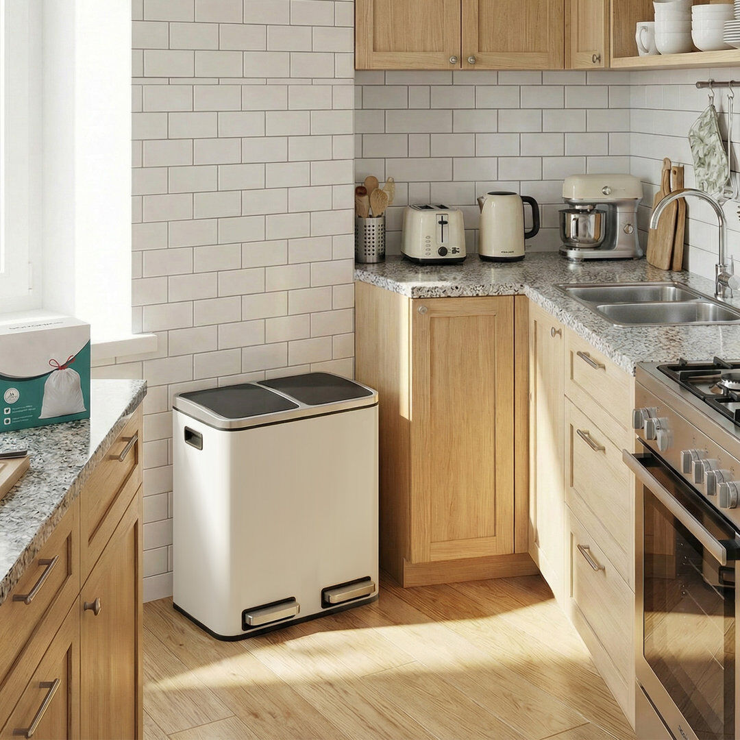 Songmics Steel Step On and Odour Seal Multi-Compartment Rubbish & Recycling Bin Beige 30L