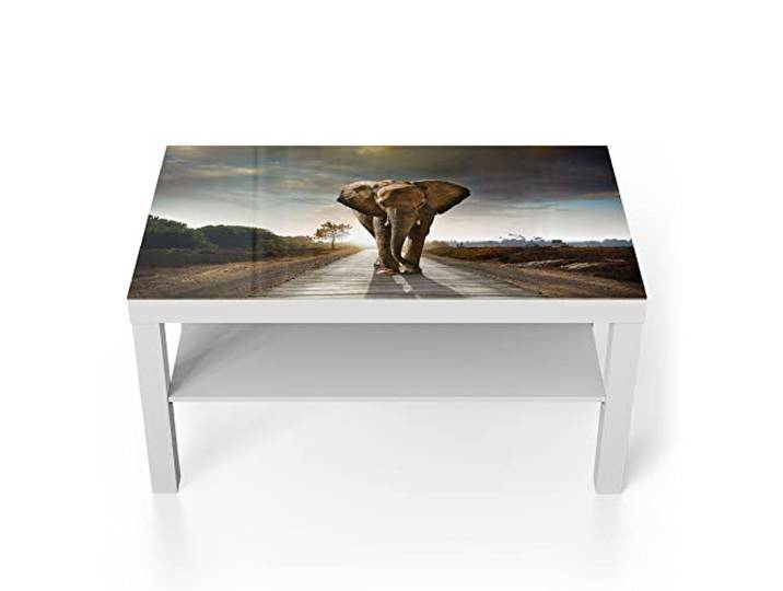 DEQORI Glastisch weiß groß 90x50 cm Motiv Elefant auf Asphalt ausgefallener Beistelltisch aus Glas Hochglanz Couchtisch fürs Wohnzimmer moderner Couch Tisch mit Design