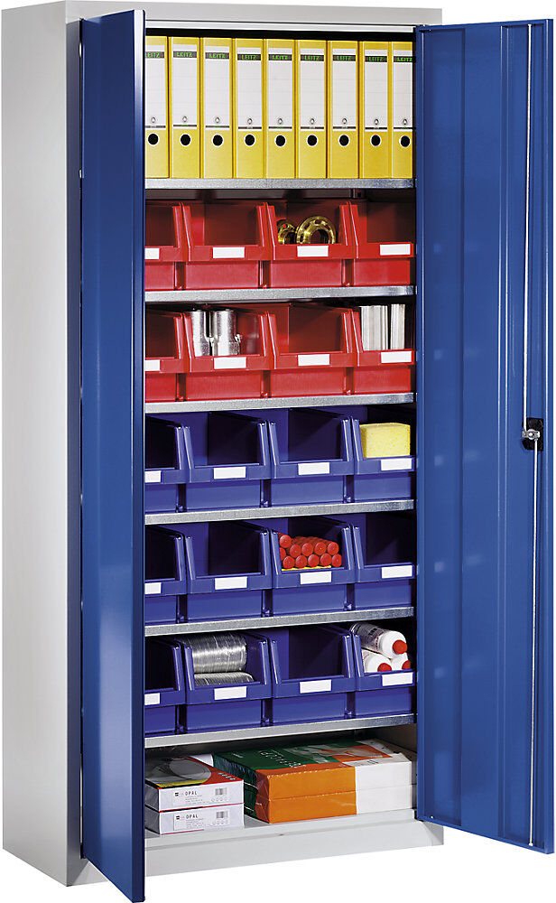 Materialschrank aus Stahlblech, mit 20 Sichtlagerkästen, lichtgrau RAL 7035 / enzianblau RAL 5010 eurokraft pro