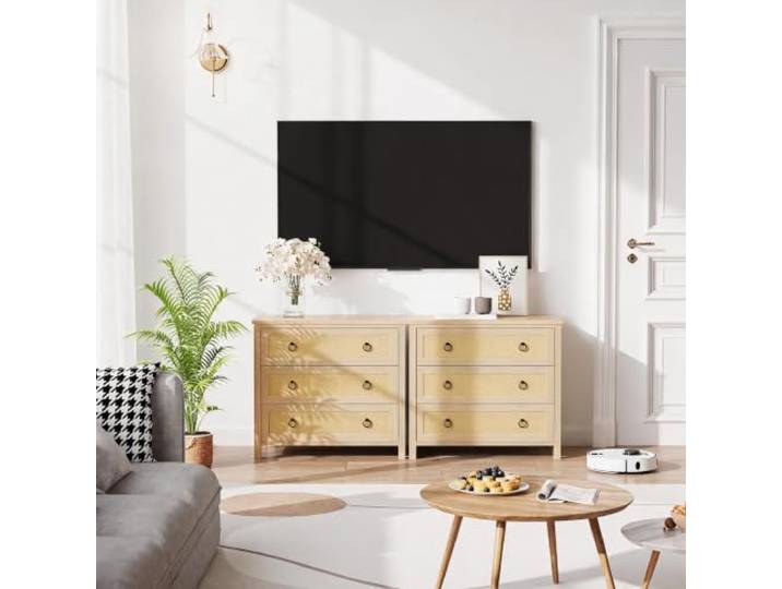 JustSmart 3-Schubladen Rattan-Kommode – Boho-Kleiderschrank aus Holz, standfest & kindersicher für Schlafzimmer, Wohnzimmer, Flur – Farbe: Holzfarben