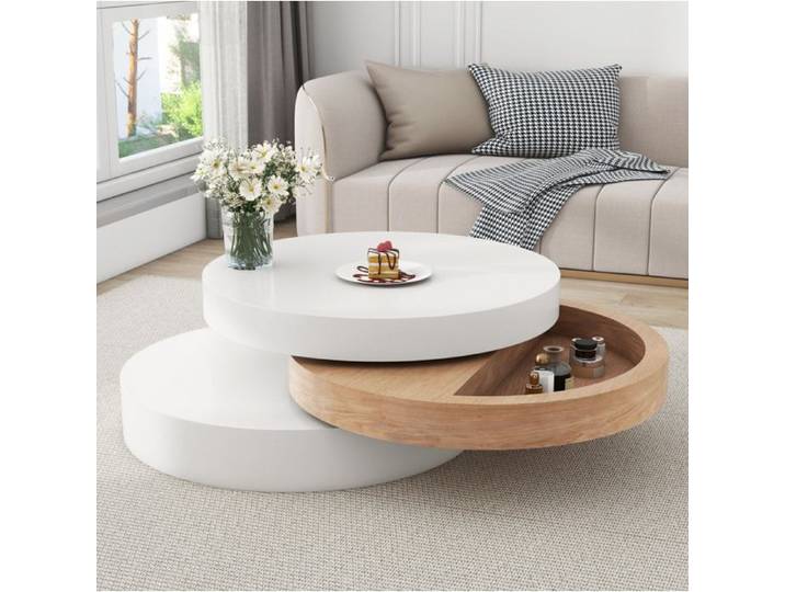 MEULVA Table basse rotative 360° ronde avec rangement caché MDF blanc et bois naturel