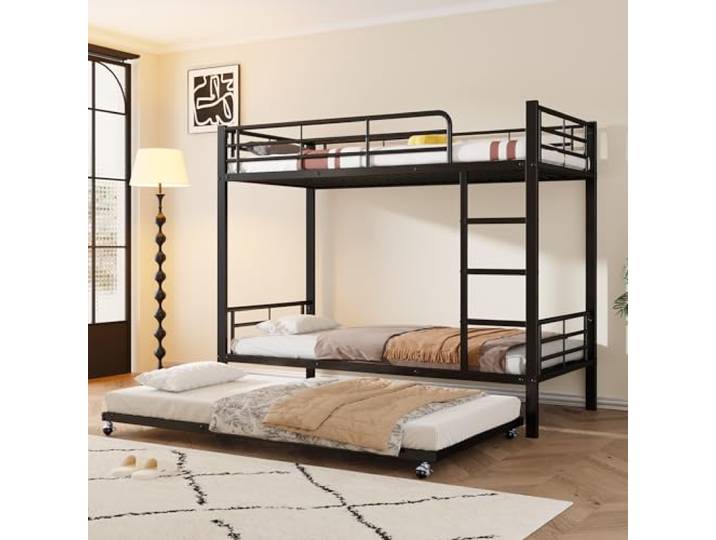Ball & Cast Hochbett (90x200cm&90x190cm) Metall Kinderbett mit Absturzsicherung und Treppe, Etagenbett mit Ausziehbett für 3 Kinder, Schwarz