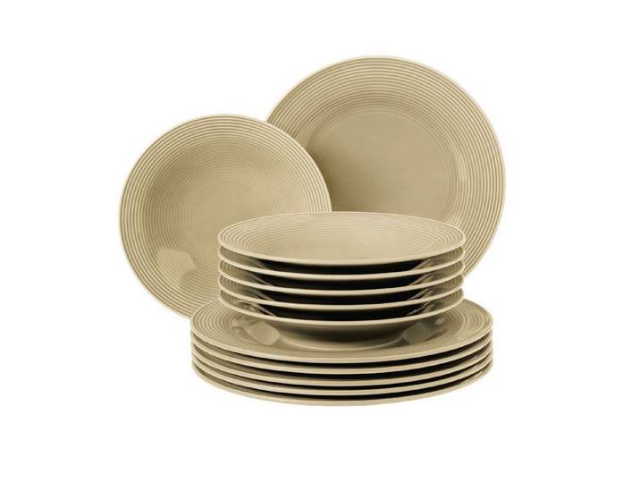 Seltmann Weiden Tafelservice Beat sandbeige uni Tafelservice 12tlg., Porzellan, Tafelservice Sandbeige Relief
