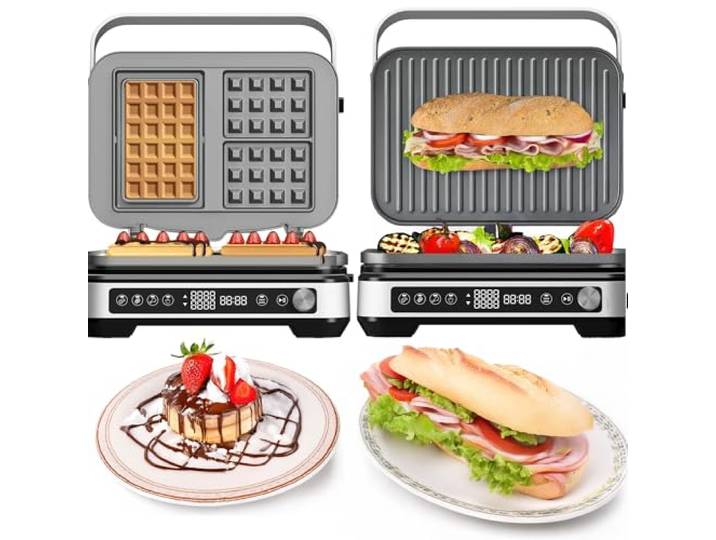TurboTronic 2000W Kontaktgrill wechselbare Grill- & Waffelplatten, LCD Display, 180° Öffnung Paninimaker Sandwichtoaster Waffeleisen