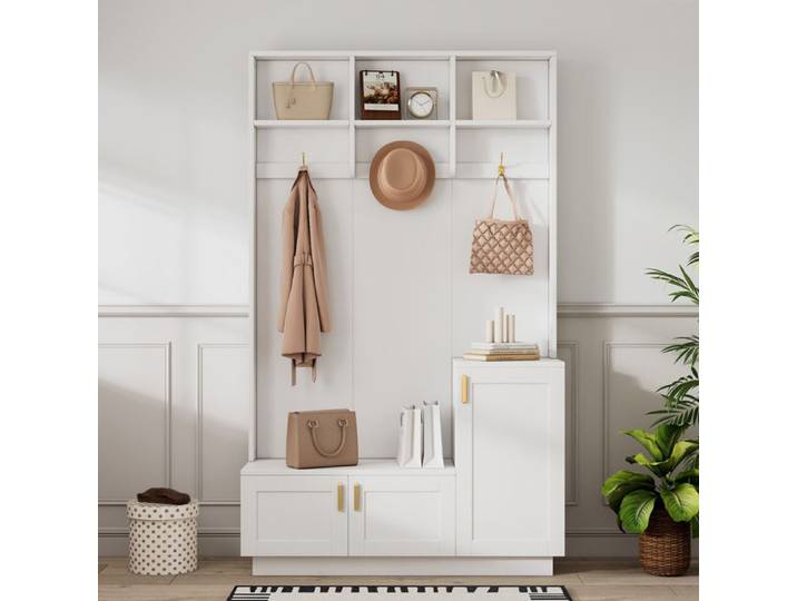 Ensemble d'entrée 120x40x200 cm avec banc rangement à chaussures 3 crochets et étagères vestiaire multifonctionnel blanc