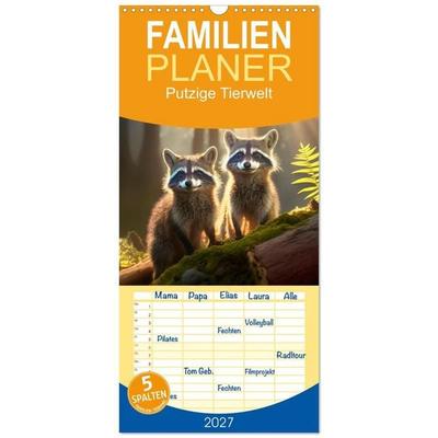 Familienplaner 2027 - Putzige Tierwelt - gemeinsam die Welt entdecken mit 5 Spalten (Wandkalender, 21 x 45 cm) CALVENDO