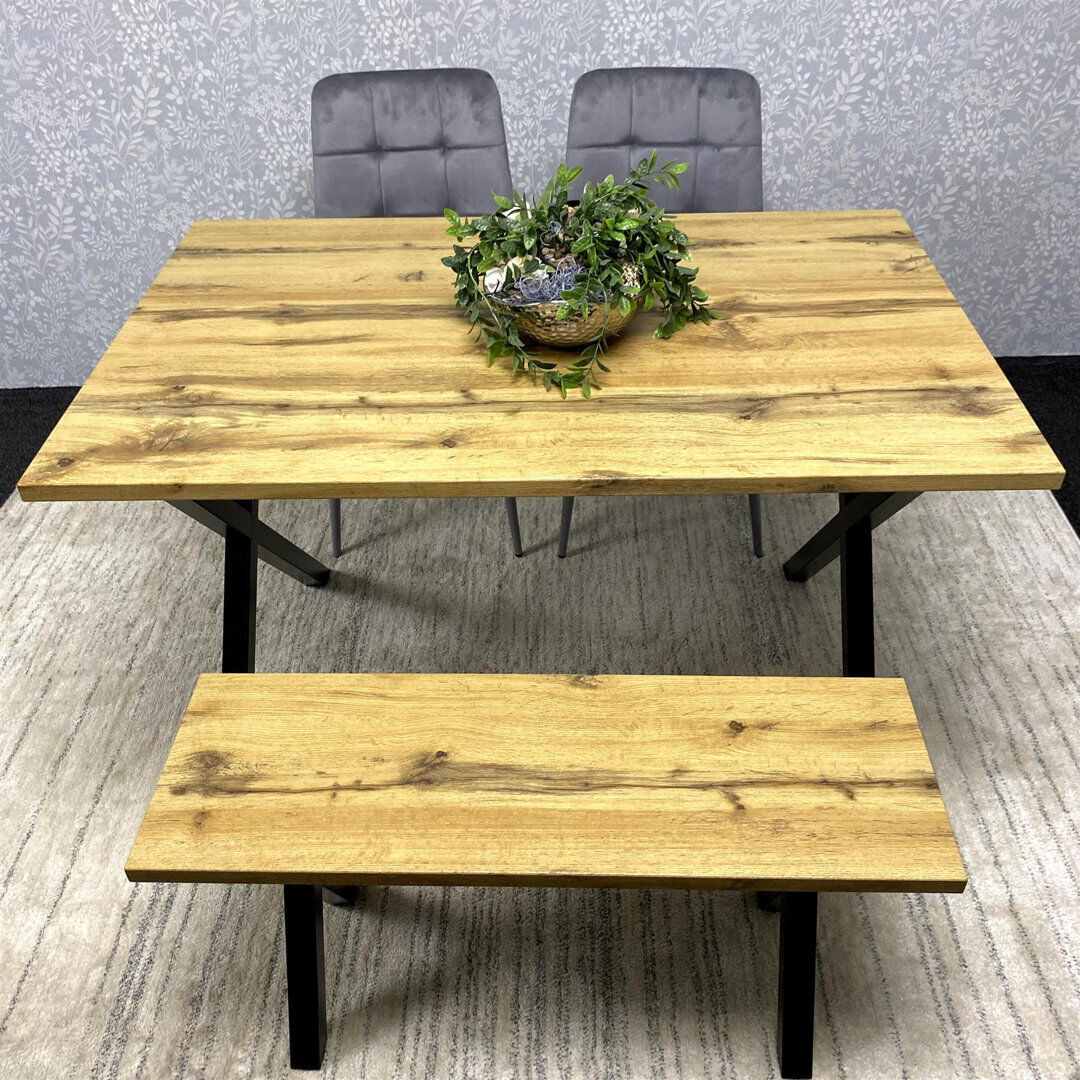 Norden Home Brown Wooden Dining Table with 2 Grey Velvet Chairs and Bench - Dining Kitchen Room Furniture Brown 6