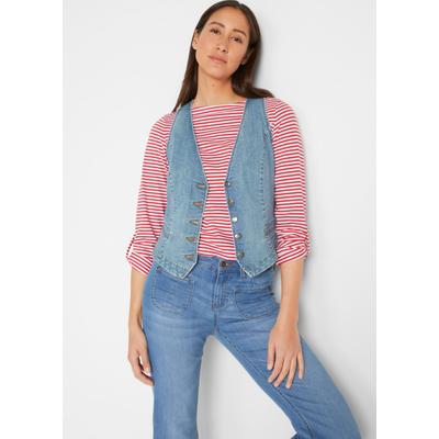 Jeansweste BONPRIX "Stretch-Jeansweste", Damen, Gr. 46, blau (hellblau denim), Denim/Jeans, Obermaterial: 82% Baumwolle, 17% Polyester, 1% Elasthan, unifarben, tailliert normal, V-Ausschnitt, Westen, aus Baumwollmischung, taillierte Passform, mit...