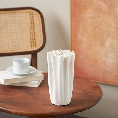 ARCILLA ELEMENTAL White Ceramic Ribbed Dimensional Folded Abstract Vase with Compact Wavy Rim