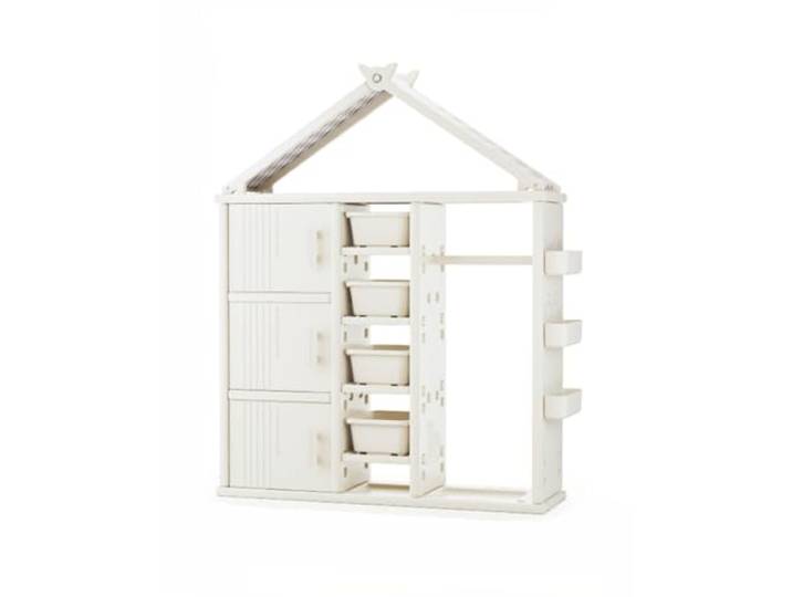 habeig Multifunktionaler Kinder-Kleiderschrank, Hausform Design, Kinderschrank, 156x123x34cm, Beige, mit Türen, Ablagekörben und Kleiderstange, Einfache Montage (20211)