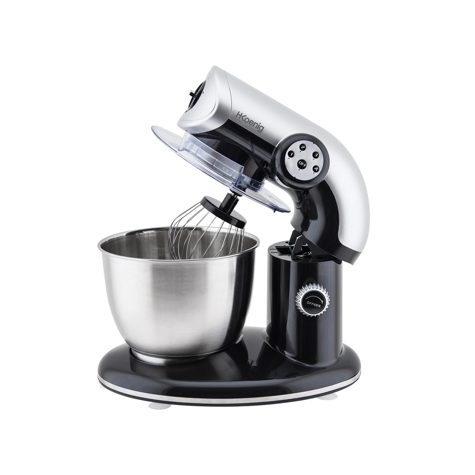 H.Koenig KM80 Küchenmaschine / 5 L Schüssel aus Edelstahl / bis zu 2kg Teig / 3 Aufsätze / 1000 W / 4 Geschwindigkeitsstufen / schwarz