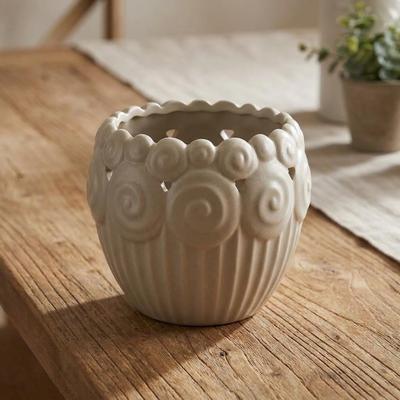 Garvee Cream Ceramic Decorative Vase, Hollow Out Embossed Design Flower Pot