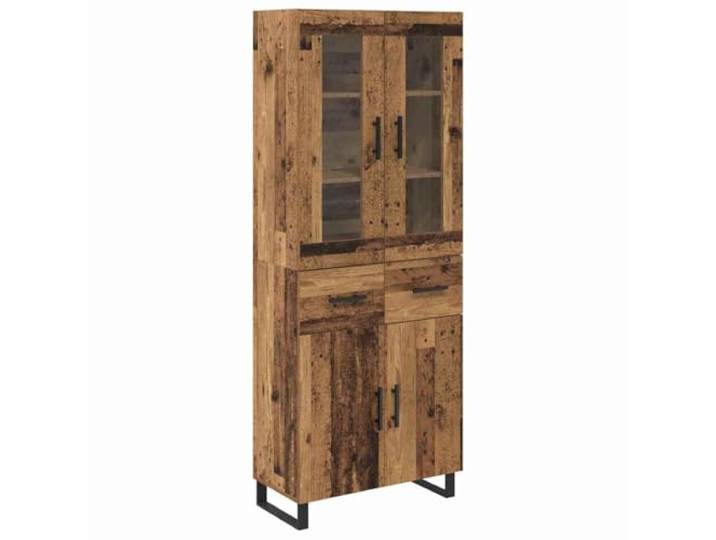 Highboard mit Schubladen 2 pcs Altholz Holzwerkstoff Stehschrank Doppeltüren, Glasfronten, Eisenbeine, Stangengriffe, Scharniere, Wohnzimmer, Esszimmer