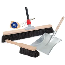 Saalbesen Naturhaar Set 40 cm I Besen Kehrblech und Handfeger Teleskopstiel I Rosshaar schwarz I mit Stiel ausziehbar I Weich I fein I Großraumbesen Zimmerbesen