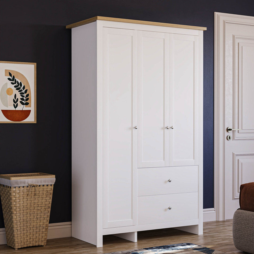 Fernleaf Morley 3 Door 2 Drawer Wardrobe With Hanging Clothes Rail White 180cm H X 109cm W X 52cm D