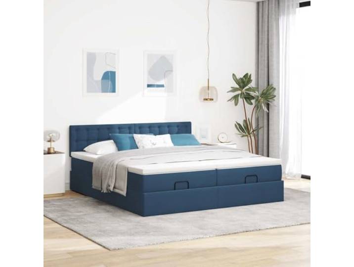 KTHLBRH Boxspringbett 180 x 200 cm blau mit Matratzen Hydraulisches Heben, 2 Taschenfederkernmatratzen, 2 Matratzenbezüge, atmungsaktiver Stoff