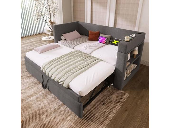 Merax Polsterbett Schlafsofa 90x200cm, Sofabett Einzelbett mit Ausziehbett, Tagesbett für Schlafzimmer Wohnzimmer, Armlehnen mit Ladefunktion & Getränkehalter, Leinen-Mischgewebe, ohne Matratze, Grau