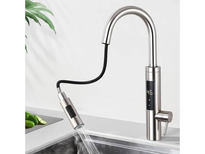 HOMELODY Küchenarmatur Ausziehbar Wasserhahn mit Durchlauferhitzer 230V Ausziehbare 360°-Silikonbrause, Wasserhahn Küche mit Touch-Temperaturregler & LED-Display, Armatur Küche