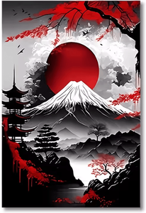 Inspire Curations Vintage Japanese Landscape Canvas Wall Art Set 3 Piece Black & Red Zen Decor pc28479 40x60cm