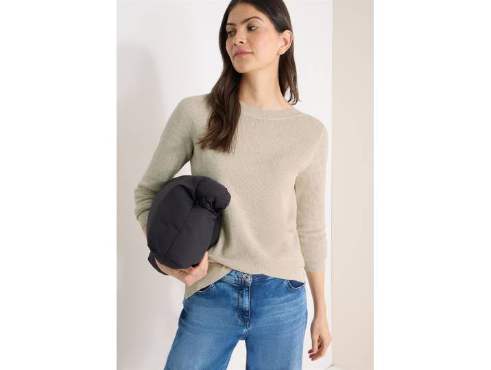 Strickpullover CECIL, Damen, Gr. M (40), beige (egg beige melange), Strick, Obermaterial: 60% Baumwolle, 40% Viskose, unifarben, lässig geschnitten hüftbedeckend, Rundhals, Pullover Strickpullover, mit U-Boot-Ausschnitt