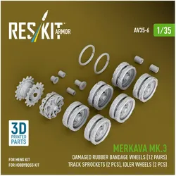 ResKit Merkava Mk.3 damaged rubber bandage wheels (12 pairs), track sprockets (2 pcs), idler wheels (2 pcs)