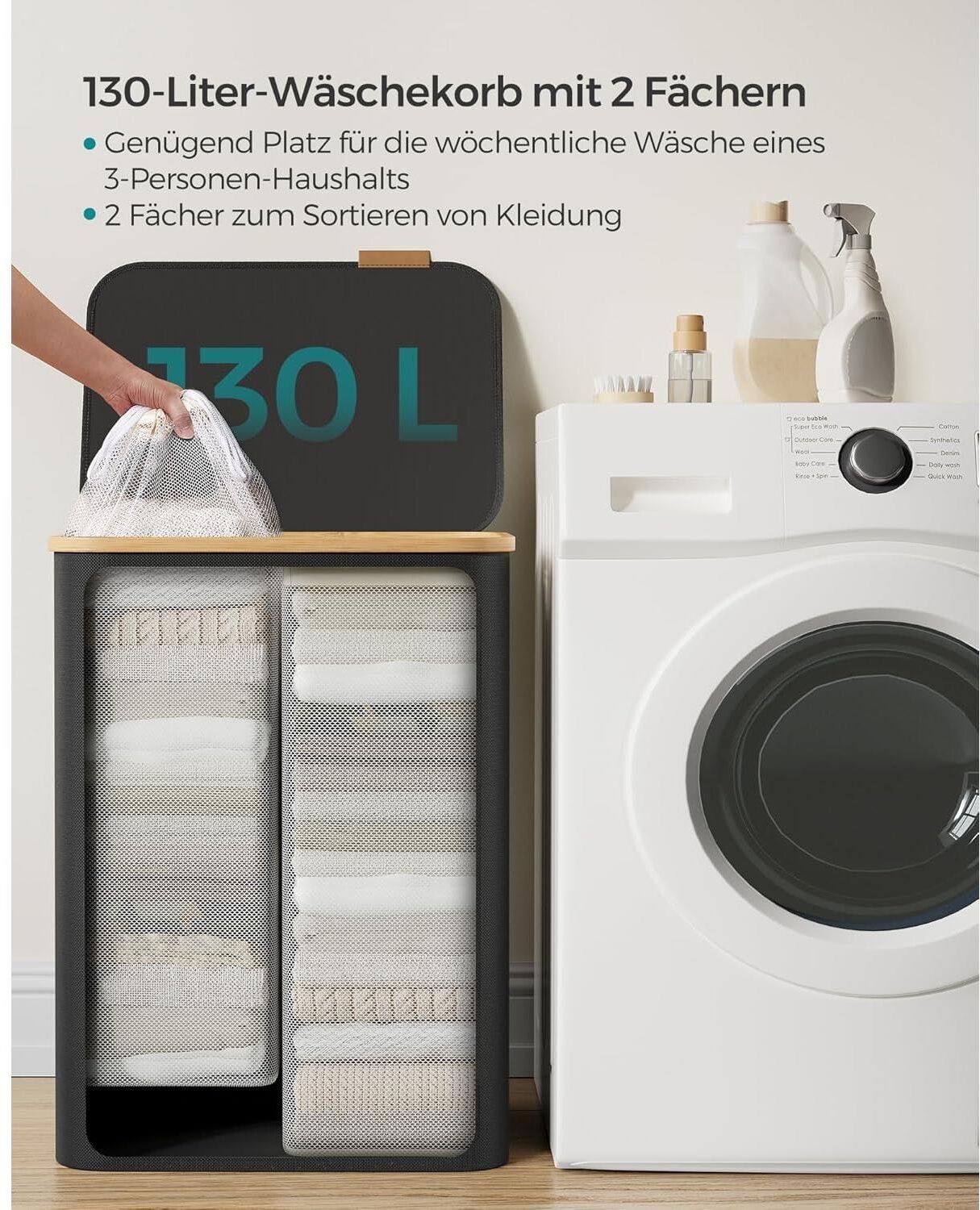 Wäschekorb SONGMICS "65 l", schwarz, Wäschesammler, Wäschekorb schwarz Einheitsgröße