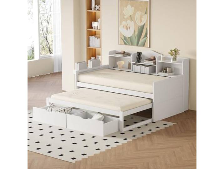 Merax Kinderbett 90 x 200 cm, Schlafsofa mit 90 x 190 cm Ausziehbett, aus Holz, Schlafsofa mit USB-Steckplätzen und Aufbewahrung, für Jungen, Mädchen, Weiß (ohne Matratze)