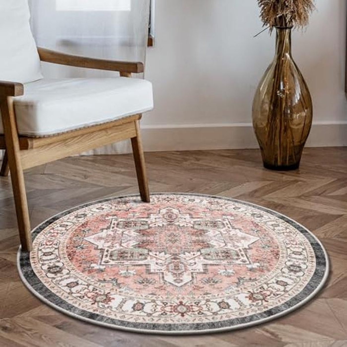 Carvapet Wasbaar Rond Vloerkleed Pink Vintage Locket Diameter: 90 cm
