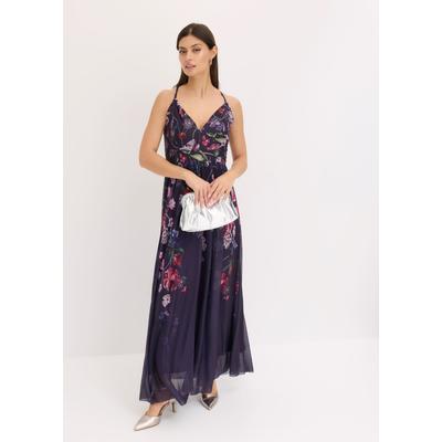 Maxikleid BONPRIX, Damen, Gr. 38, N-Gr, ohne Ärmel, lila (dunkelblau geblümt), Obermaterial: 96% Polyester, 4% Elasthan. Futter: 100% Polyester, festlich, slim fit, Kleider Maxikleid, mit feinem Tüll, Slim Fit Passform