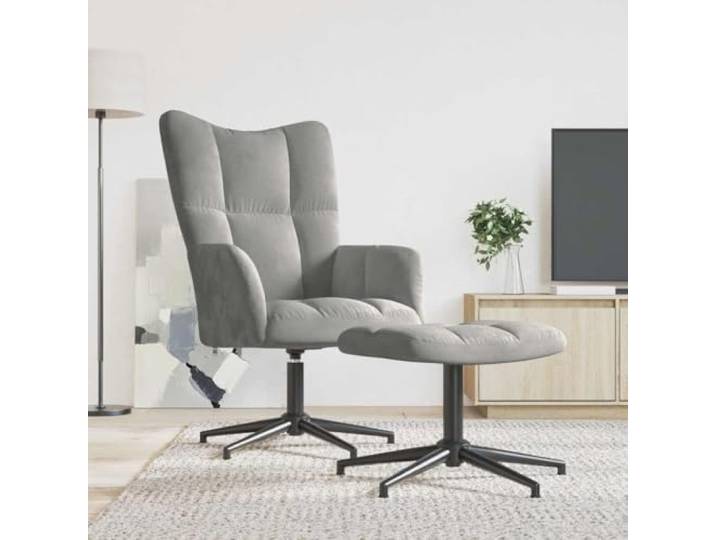 Sessel drehbar 360° mit Fußstütze, Velours, hellgrau, Stahlrahmen Modernes Design, gepolsterter Schaumstoff, weicher Samt, volle Rotation, stabile Kreuzbeine, maximale Belastung 110 kg