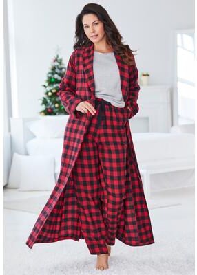 Plus Size Women's Long Flannel Robe by Dreams & Co. in Red Buffalo Check (Size 5X)