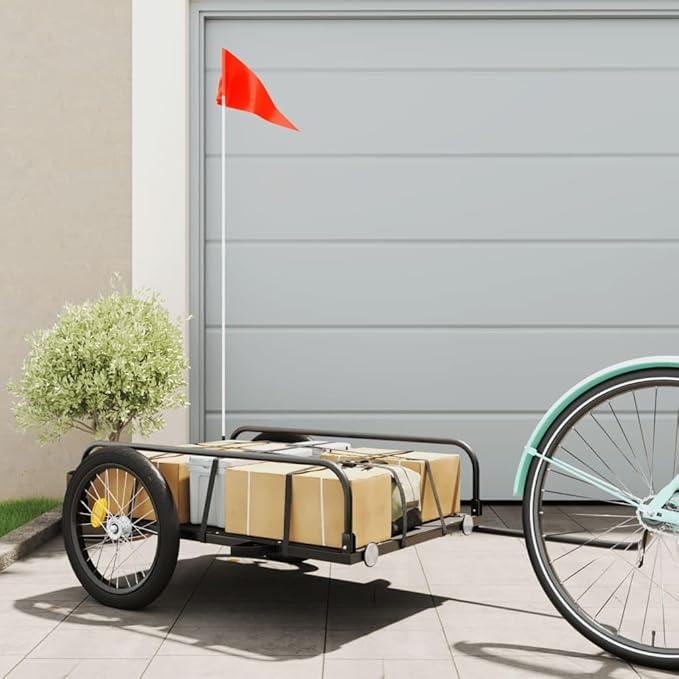 Fahrradanhänger Schwarz aus Eisen 126x63x, stabile Kupplung, Sicherheitsflagge, faltbar, mit Reflektor für Lasten, Kinder, Hunde, ideal für Alltag, Tour und Outdoor