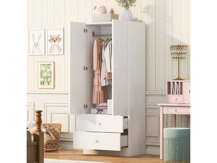 Garde-Robe Individuelle Blanc 70x40x170cm 2 Tiroirs Design Colorblock Meuble Moderne pour Chambre