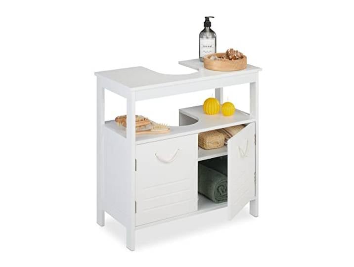 Relaxdays Meuble sous lavabo\, Encoche Siphon\, poignées Corde\, Placard de Salle de Bain\, HxLxP : 60x60x30 cm\, Blanc