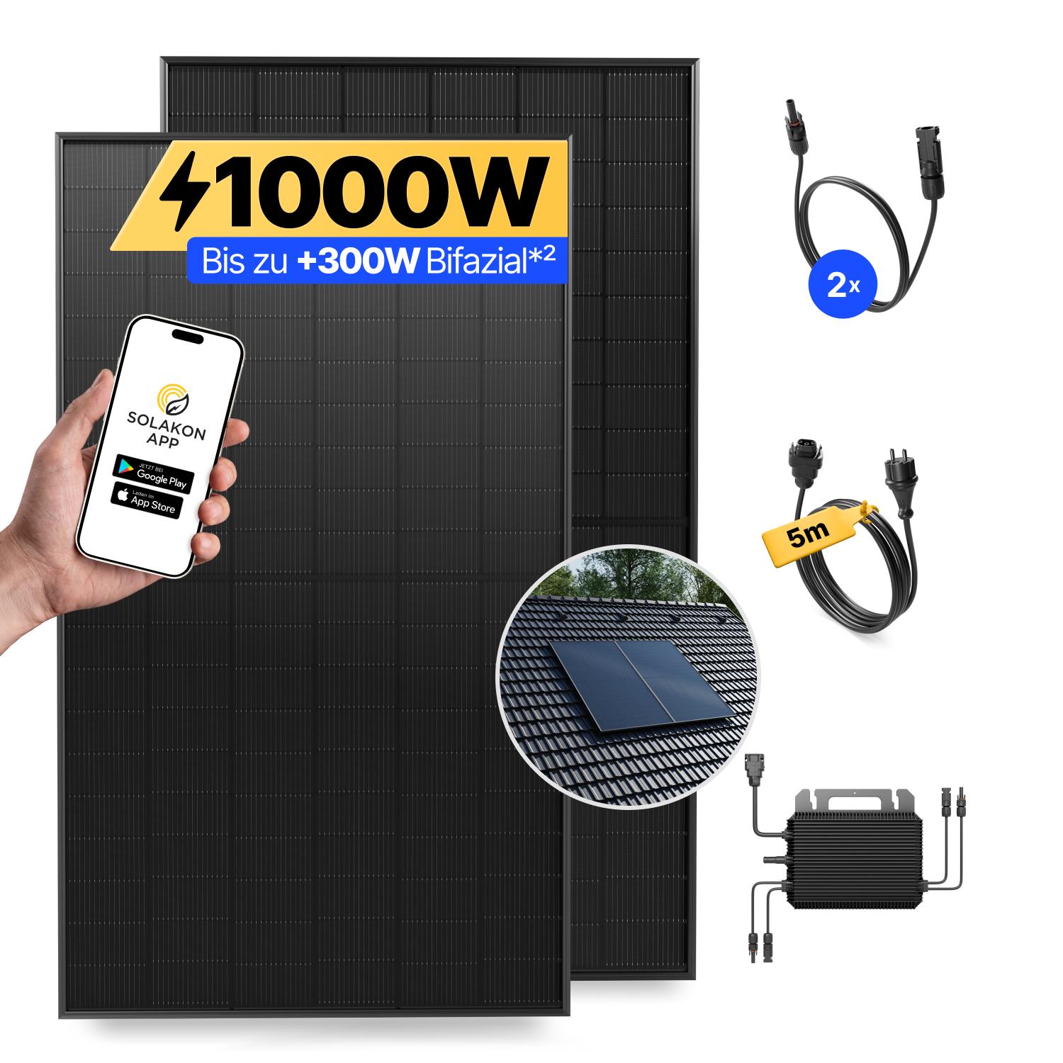 Balkonkraftwerk 1000W Solaranlage mit Ziegeldach Halterung (Paarmontage) Steckerfertig Komplettset Photovoltaik Anlage 800W, Kabellänge: 5m, Solakon