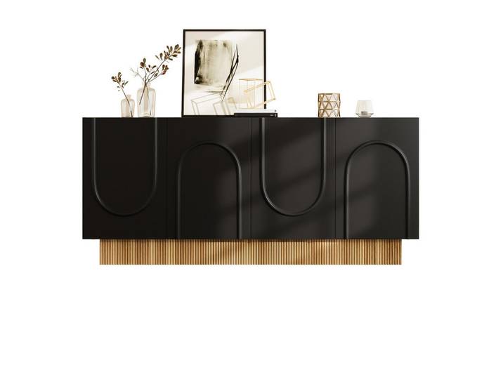 Modfu Kommode Sideboard 160x38x75 cm Schwarz/Holzoptik aus Spanplatte mit 4 Türen, U-Relief und Stauraum, 160x75x38 cm, Kleinmöbel, Kommoden, Kommoden