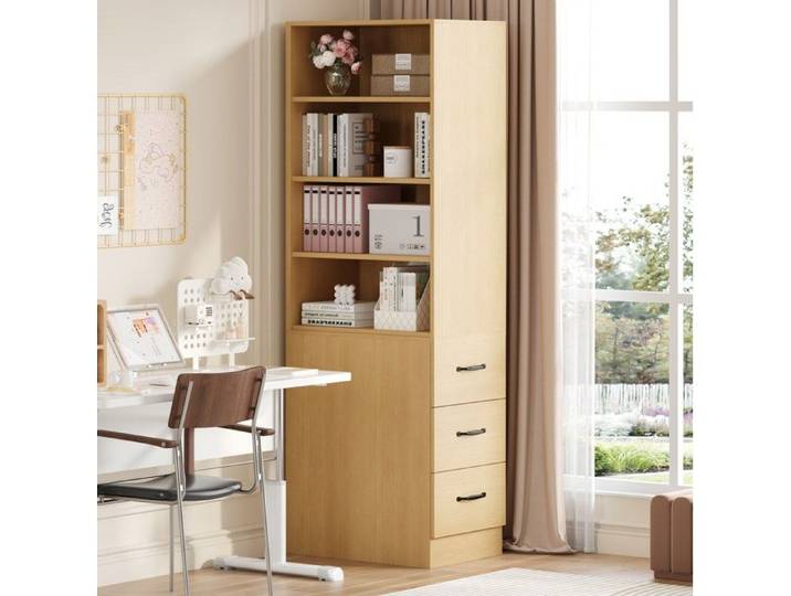 ROVRYN bibliothèque haute 180 cm étroite avec 3 tiroirs latéraux et 4 niches ouvertes chêne clair