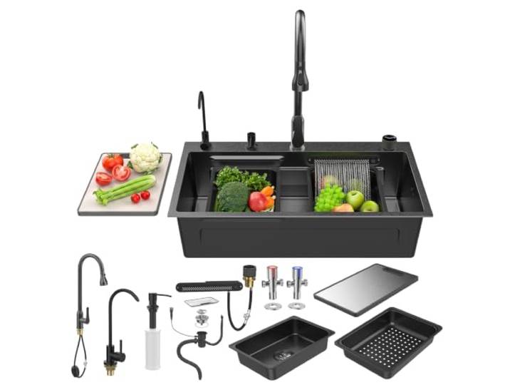 80 cm Edelstahl-Küchenspüle mit Workstation-Design und Ausziehbrause 5 mm verstärkte Platte, integriertes Zubehör für Waschen, Abtropfen & Schneiden; effiziente Küchenvorbereitung Schwarz