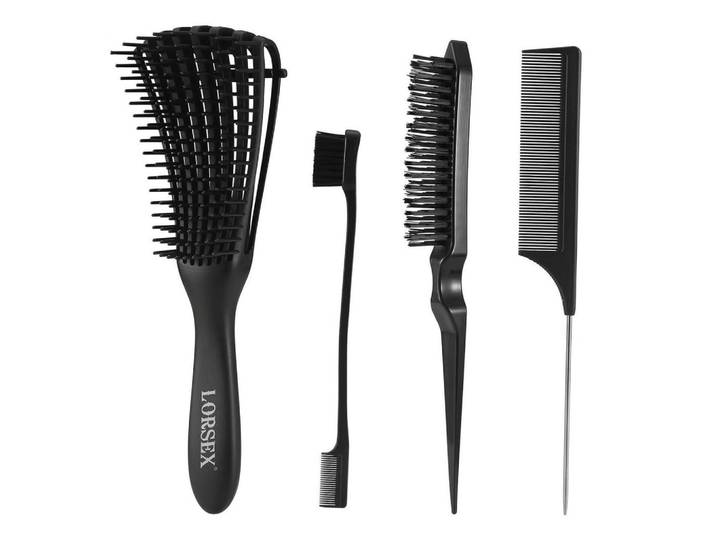 Haarbürsten-Set 4-teilig für lockiges Haar, Schwarz, Kunststoff, 60x5x240 cm, Freizeit & Co, Wellness & Gesundheit, Körperpflege