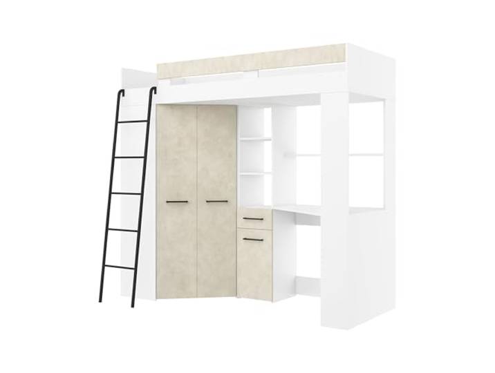 FurnitureByJDM Hochbett mit Schreibtisch und Schrank Kinderbett 80x200 cm mit Stauraum – Jugendzimmer Komplett Set– Platzsparendes FLOOR(Weiß Granada Mandel,Linke Leiter)