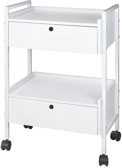 Carrinho metálico branco Easy Plus: Equipado com duas estantes e duas gavetas com chave