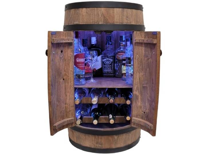 weeco Fassbar mit Tür und Weinregal RGB LED Beleuchtung, Hausbar Weinrack 80x50cm. Rustikaler deko Barschrank Weinständer Fassbier, Whiskybar Flaschenständer