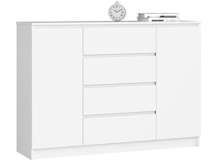 AKORD Kommode K 140 cm 4 Schubladen und 2 Türen zum Wohnzimmer Schlafzimmer Arbeitszimmer Modernes funktionales Design laminierte Platte weiße Farbe