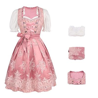 Damen Bayerisches Dirndl Kleid Kostüm mit Spitze Schürze und Bluse Pink Satin Stickerei Outfit für das Oktoberfest Festival