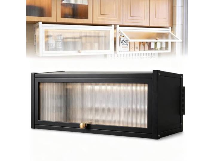 Küchen Gewürzregal und Wandschrank, Höhenverstellbarer Vorratsorganizer Kohlenstoffstahl Aufbewahrungsbox für Mieter mit Gasdruckfeder Hochklapptür, für Teller und Kaffee(Black,33*14in/85*35cm)