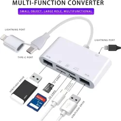 PowerGuard SixPack 6-in-1 USB-C & Lightning Photo Camera Cardreader USB 3.0 OTG Adapter (USB-C, 6 Ports), Dockingstation + USB Hub, Weiss, Grau