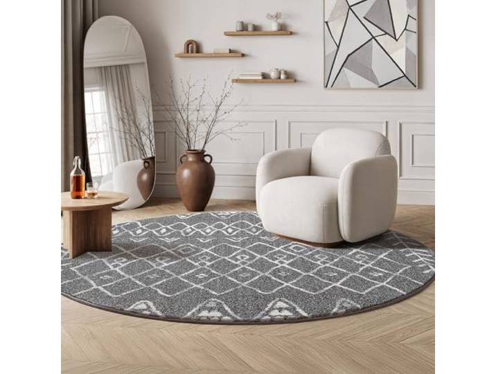 SANAT Boho Teppich – Moderner Teppich im Boho Stil, Geeignet für Wohnzimmer, Schlafzimmer, Flur, Esszimmer und Kinderzimmer – Boho Grau, Größe: 150 cm Rund