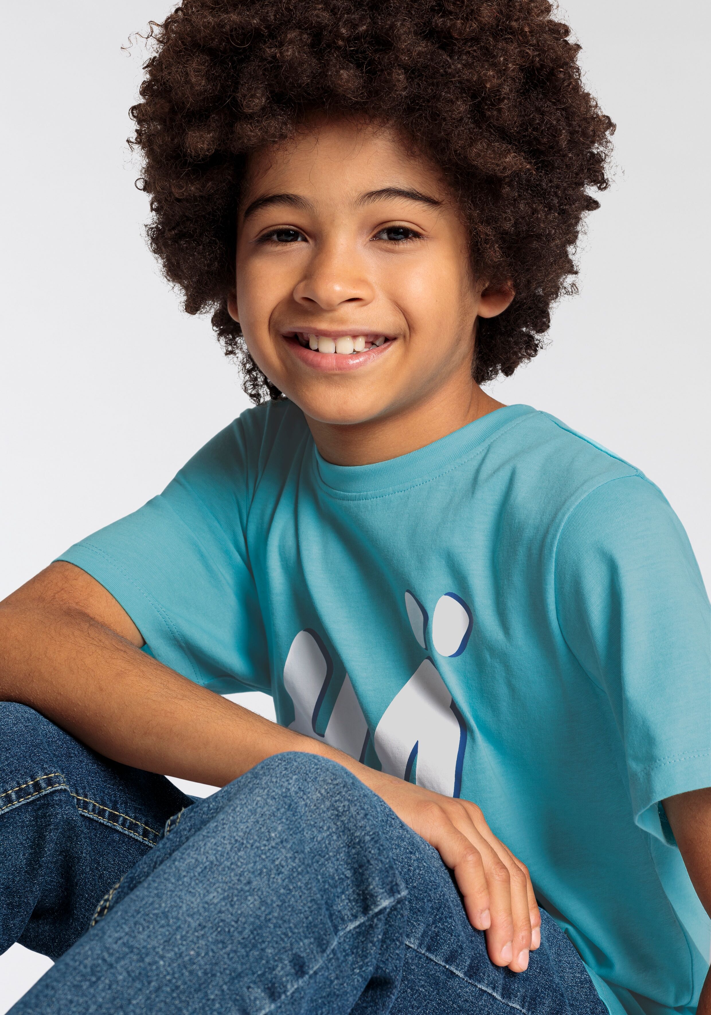 T-Shirt KIDSWORLD "FRAGEWORT MIT 2 BUCHSTABEN", Jungen, Gr. 164/170, blau, Single Jersey, Obermaterial: 100% Baumwolle, bedruckt, Basic, Rundhals, Shirts T-Shirt, Kurzarm, Basic Passform, mit Statements/Sprüchen blau 164/170