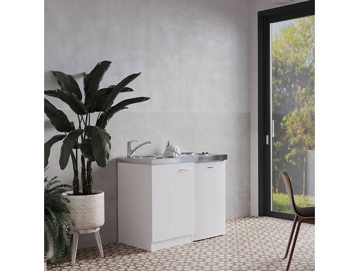 Singleküche III 100 x 87 x 60cm Weiß/Weiß mit Kühlschrank